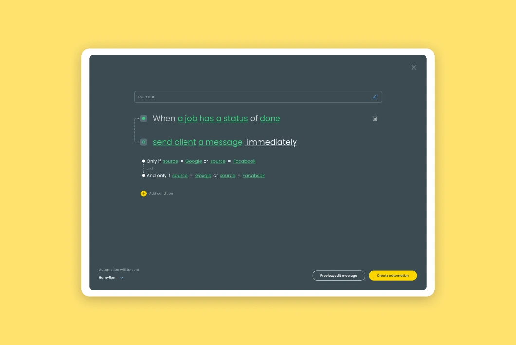 Workiz Automation Center — builder screen