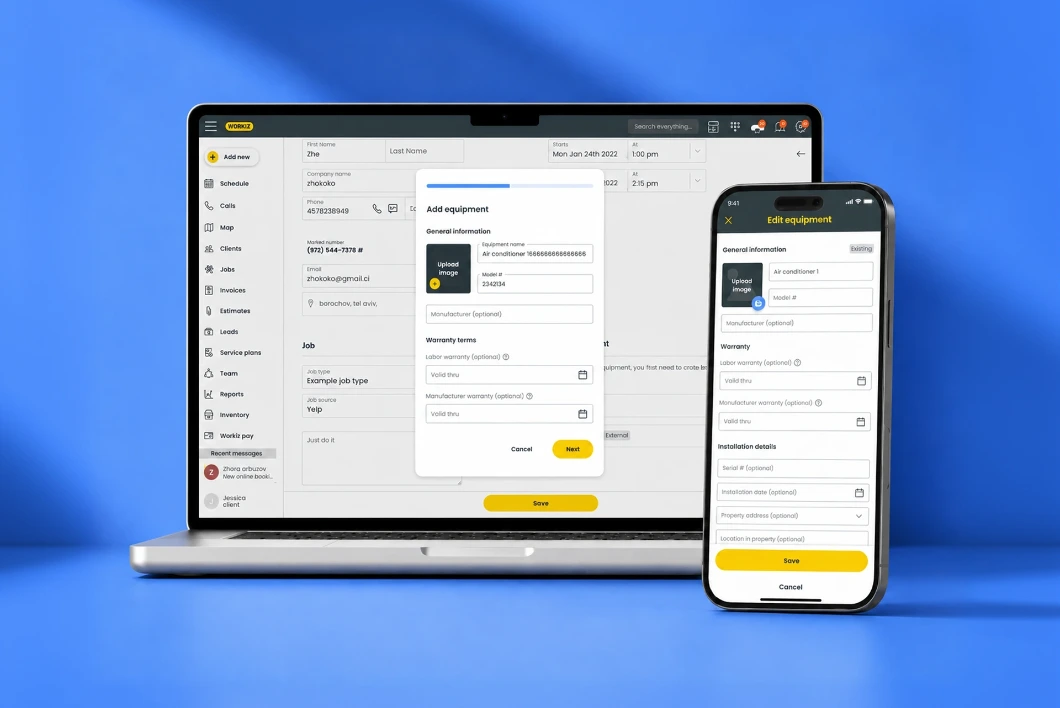 Workiz Equipment Tracking — desktop and mobile