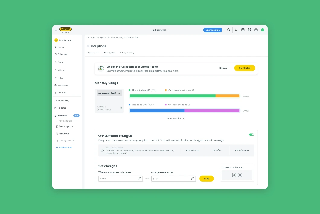 Workiz Phone Plans — subscription page